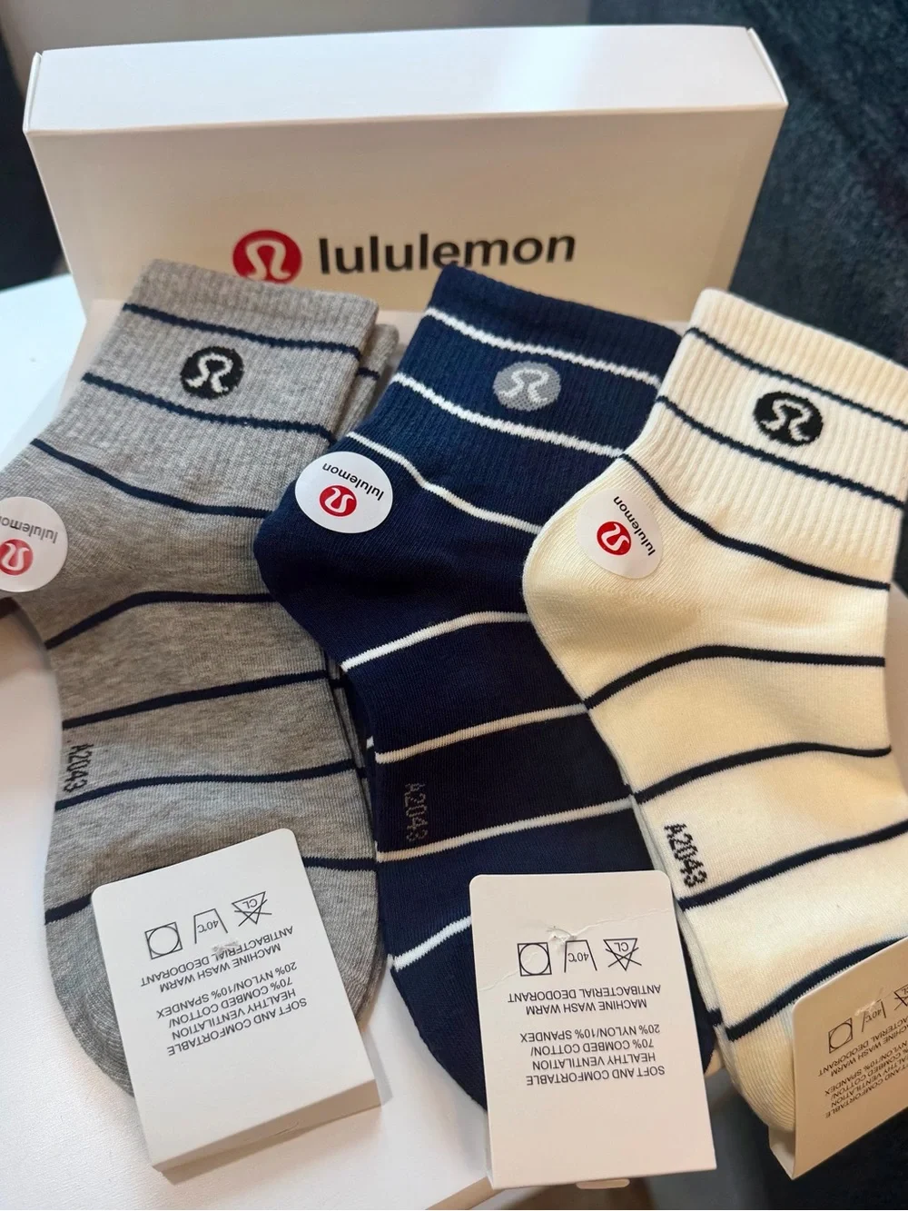lululemon Striped Crew Socks in Navy, Gray & Cream set of 3
